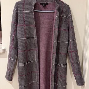 Tahari Gray/Purple/White Plaid Long Cardigan Size XS